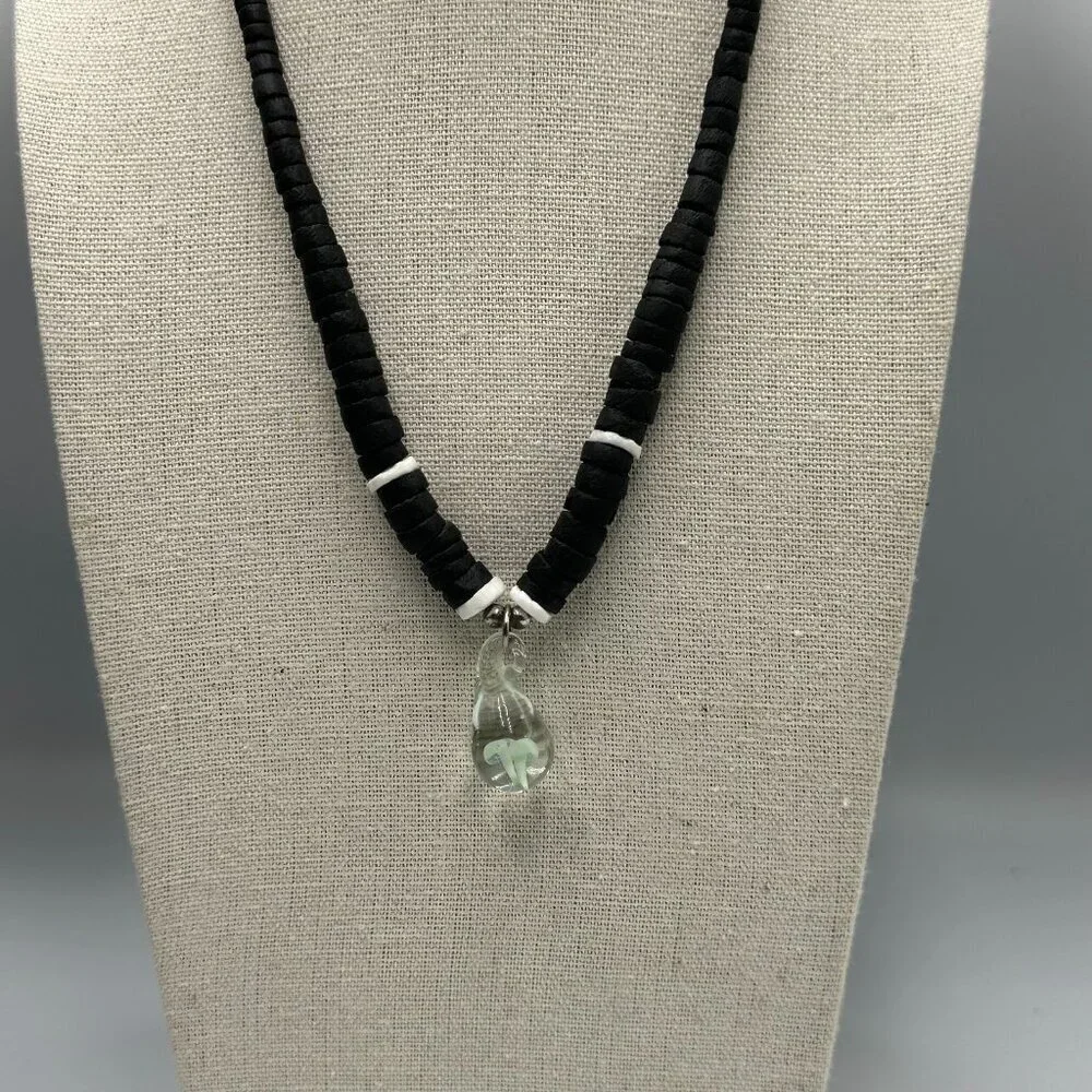 Black Beaded Necklace Glass Mushroom Pendant Mens Surfer Style 18 Inch